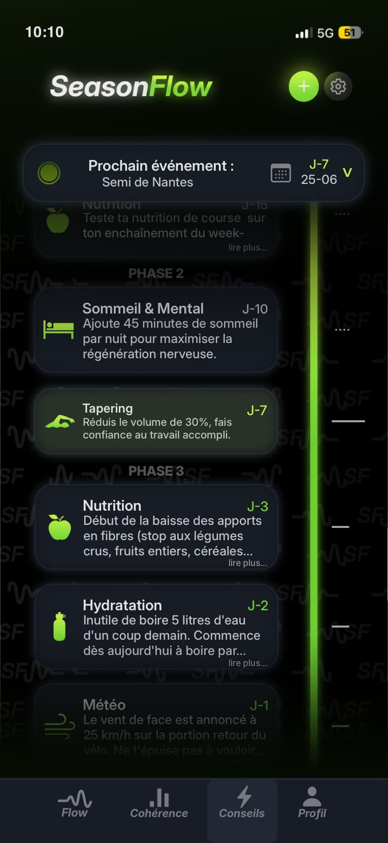 Conseils SeasonFlow organisés par phase avant une course